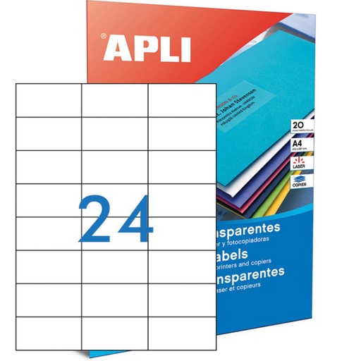 [002082] APLI ETIQUETAS TRANSLÚCIDAS RESISTENTES INTEMPERIE 70,0 X 37,0 MM | 20 HOJAS (480 ETIQUETAS)