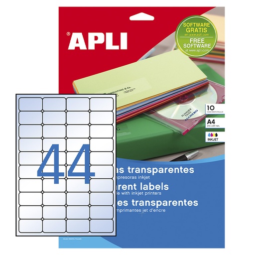 [028442] APLI ETIQUETAS TRANSPARENTES PERMANENTES 48,5 X 25,4 MM | 10 HOJAS (440 ETIQUETAS)