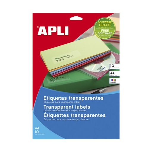 [003448] APLI ETIQUETAS TRANSPARENTES PERMANENTES 63,5 X 38,1 MM | 10 HOJAS (210 ETIQUETAS)
