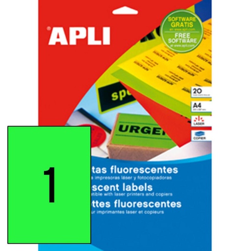 [029279] APLI ETIQUETAS VERDE FLUORESCENTE PERMANENTES 210 X 297 MM | PACK 20 ETIQUETAS (20 HOJAS)