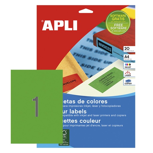 [028440] APLI ETIQUETAS VERDES PERMANENTES 210 X 297 MM | 20 HOJAS (20 ETIQUETAS)
