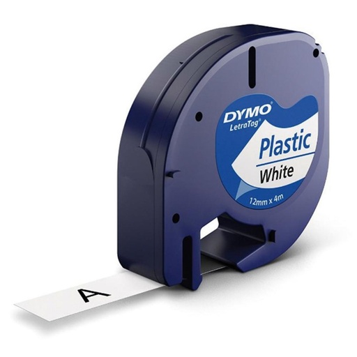 [220288] CINTA DYMO LETRATAG PLÁSTICO 12 MM × 4 M · NEGRO SOBRE BLANCO · ADHESIVO PERMANENTE · RESISTENTE Y LIMPIABLE