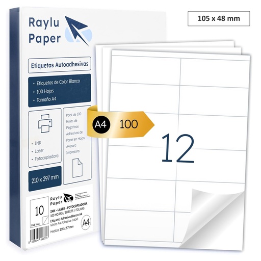 [001663] RAYLU PAPER – ETIQUETAS ADHESIVAS A4 PARA IMPRIMIR (12 POR HOJA – 105 x 48 MM) | PACK 100 HOJAS