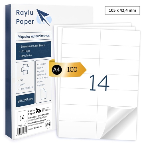 [001541] RAYLU PAPER – ETIQUETAS ADHESIVAS A4 PARA IMPRIMIR (14 POR HOJA – 105 x 42,4 MM) | PACK 100 HOJAS