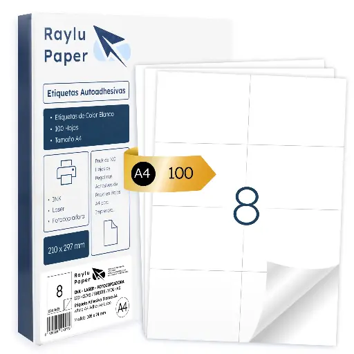[001633] ETIQUETAS ADHESIVAS A4 RAYLU 8 POR HOJA 105x74MM 100 HOJAS