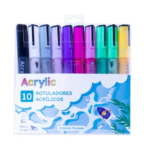 [704347] ROTULADOR RAYLU ACRYLIC – ESTUCHE 10 COLORES BÁSICOS BASICOS2 (AMARILLO OSCURO, AZUL TURQUESA, BLANCO, GRIS CLARO, LAVANDA, NEGRO, RUBÍ, ROSA, VERDE CLARO, VIOLETA)