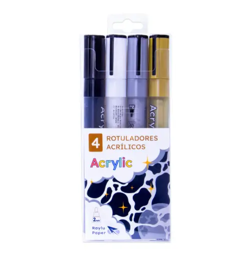 [704343] ROTULADOR RAYLU ACRYLIC – ESTUCHE 4 COLORES METAL1 (ORO, PLATA, BLANCO, NEGRO)