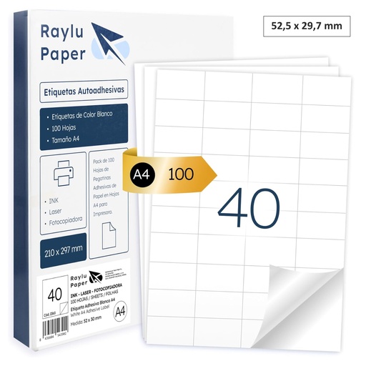[002363] RAYLU PAPER – ETIQUETAS ADHESIVAS PARA IMPRIMIR (52,5 x 29,7 MM – 36 POR HOJA) | PACK 100 HOJAS
