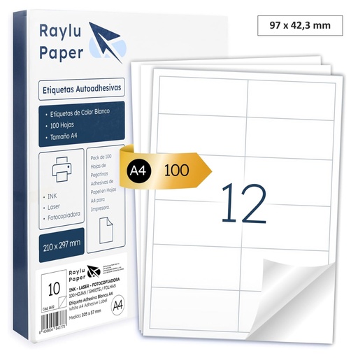 [002365] RAYLU PAPER – ETIQUETAS ADHESIVAS PARA IMPRIMIR (97 x 42,3 MM – 12 POR HOJA) | PACK 100 HOJAS