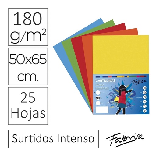 [825345] CARTULINA 50×65 FUERTE (180 g/m²) · PACK 25 HOJAS SURTIDAS · COLORES INTENSOS (FABRISA · REF. 17036)