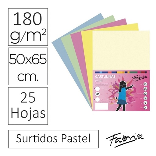[825344] CARTULINA 50×65 PASTEL (180 g/m²) · PACK 25 HOJAS · COLORES PASTEL SURTIDOS (FABRISA · REF. 17035)