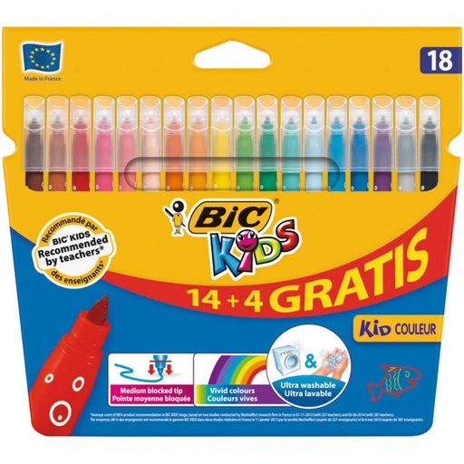 [649282] ROTULADOR BIC KID COULEUR PACK DE 18 ROTULADORES LAVABLES DE PUNTA MEDIA