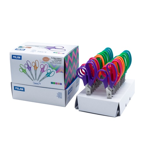 [825281] TIJERAS BASIC MILAN – 13,3 CM COLORES SURTIDOS EXPOSITOR 24 UDS
