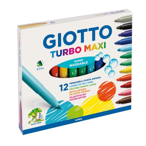 [649979] ROTULADOR GIOTTO TURBO MAXI – CAJA 12 COLORES – PUNTA GRUESA BLOQUEADA