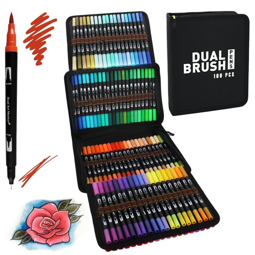 [704265] ROTULADORES LETTERING DOBLE PUNTA RAYLU PAPER | PACK 100 BRUSH PEN COLORES VIVOS | PUNTA PINCEL + PUNTA FINA PARA CALIGRAFÍA, DIBUJO Y MANUALIDADES