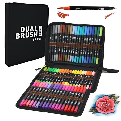 [704264] ROTULADORES LETTERING DOBLE PUNTA RAYLU PAPER | PACK 60 BRUSH PEN COLORES VIVOS | PUNTA PINCEL + PUNTA FINA PARA CALIGRAFÍA, DIBUJO Y MANUALIDADES