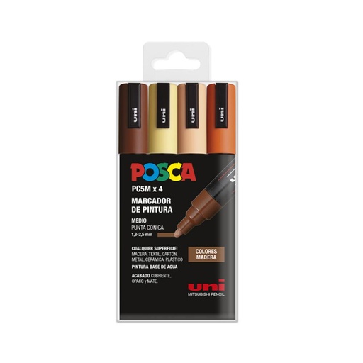 [122051] ROTULADOR UNI POSCA PC-5M/4C ESTUCHE 4 COLORES MADERA SURTIDOS 1,8–2,5 MM