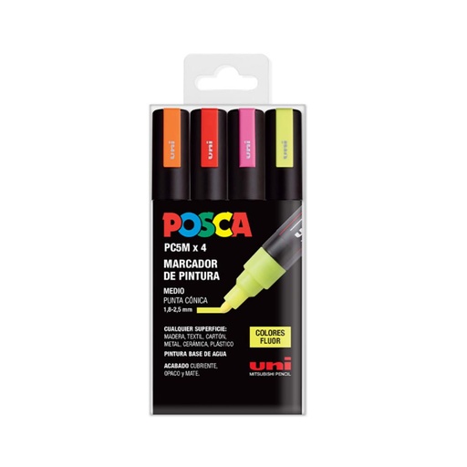 [122048] ROTULADOR UNI POSCA PC-5M/4C MARCADOR DE PINTURA PUNTA CÓNICA 1,8–2,5 MM BOLSA 4 COLORES FLUORESCENTES