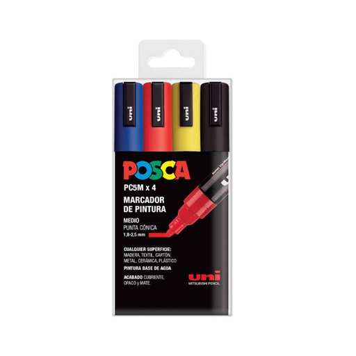 [122047] ROTULADOR UNI POSCA PC-5M/4C MARCADOR DE PINTURA PUNTA CÓNICA 1,8–2,5 MM ESTUCHE 4 COLORES BÁSICOS
