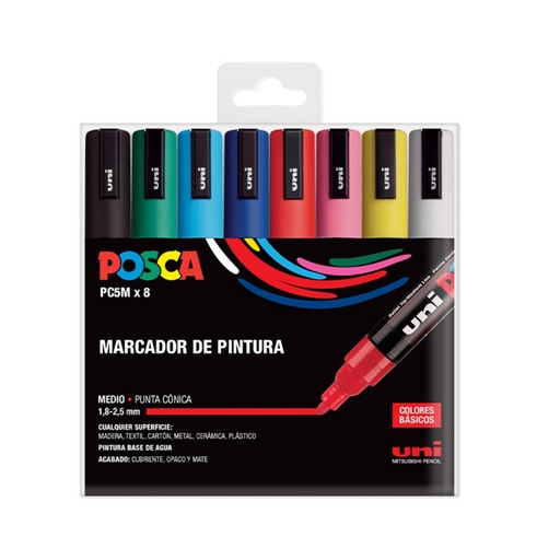 [122045] ROTULADOR UNI POSCA PC-5M/8C MARCADOR DE PINTURA PUNTA CÓNICA 1,8–2,5 MM ESTUCHE 8 COLORES BÁSICOS