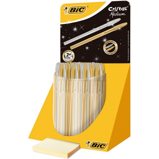 [119098] BOLÍGRAFO BIC CRISTAL ORO Y PLATA · TINTA AZUL · TINTA ACEITE · PUNTA 1,0 MM · TRAZO 0,4 MM · EXPOSITOR 40 UDS