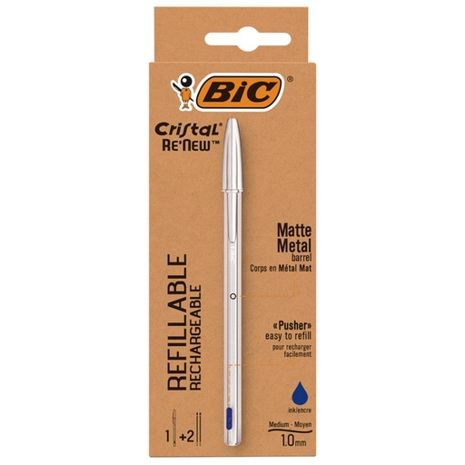 [081554] BOLÍGRAFO BIC CRISTAL RE’NEW AZUL · TINTA ACEITE · TRAZO 0,4 MM · BLÍSTER 1 UD + 2 RECAMBIOS