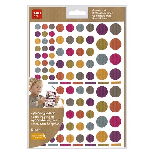[028455] GOMETS APLI CIRCULO REDONDOS KRAFT PERMANENTES MULTICOLOR 6 HOJAS BOLSA