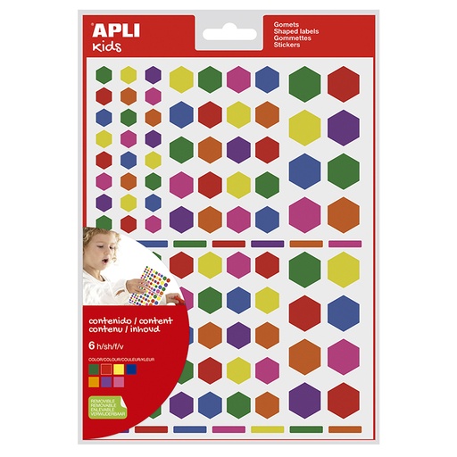 [028454] GOMETS APLI HEXAGONALES REMOVIBLES MULTICOLOR 6 HOJAS BOLSA