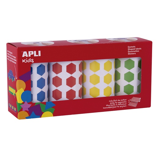 [028447] GOMETS APLI HEXÁGONOS 20 MM – AZUL, ROJO, AMARILLO Y VERDE (4 ROLLOS)