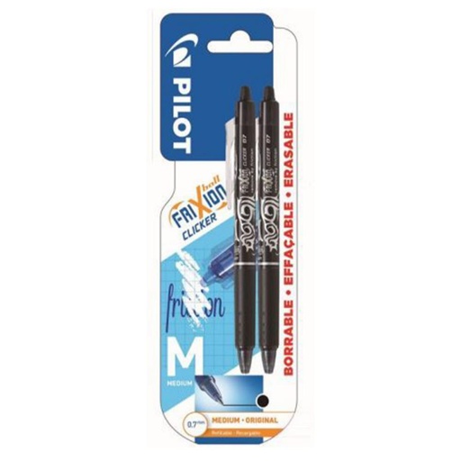 [118890] BOLÍGRAFO PILOT FRIXION CLICKER · TINTA GEL BORRABLE · PUNTA 0,7 MM · TRAZO 0,5 MM · CLIC RETRÁCTIL · GRIP · BLISTER 2 NEGROS