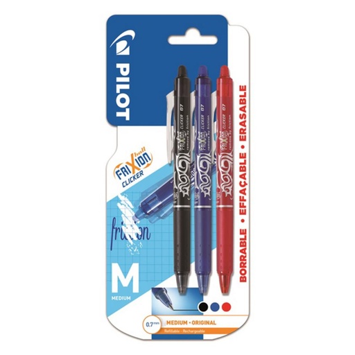 [118889] BOLÍGRAFO PILOT FRIXION CLICKER · TINTA GEL BORRABLE · PUNTA 0,7 MM · TRAZO 0,5 MM · CLIC RETRÁCTIL · GRIP · BLISTER 3 SURTIDOS