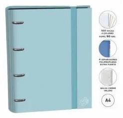 [825379] CARPEBLOCK 4 ANILLAS SENFORT A4  AZUL · ANILLAS Ø30 MM · LOMO 60 MM · 100 HOJAS 90 g 4×4 · 5 SEPARADORES · CIERRE ELÁSTICO · SISTEMA RADO