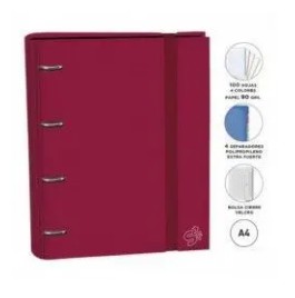 [825377] CARPEBLOCK 4 ANILLAS SENFORT A4  ROJO · ANILLAS Ø30 MM · LOMO 60 MM · 100 HOJAS 90 g 4×4 · 5 SEPARADORES · CIERRE ELÁSTICO · SISTEMA RADO