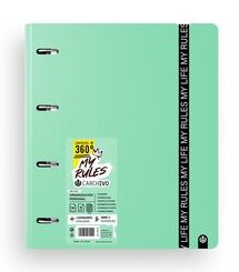 [825378] CARPEBLOCK 4 ANILLAS SENFORT A4  VERDE · ANILLAS Ø30 MM · LOMO 60 MM · 100 HOJAS 90 g 4×4 · 5 SEPARADORES · CIERRE ELÁSTICO · SISTEMA RADO