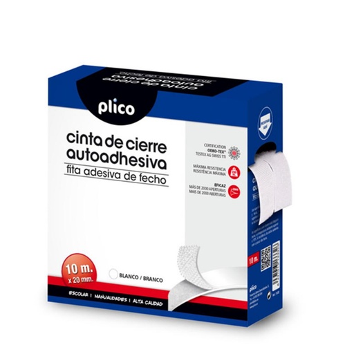 [068875] CIERRE TEXTIL ADHESIVO (VELCRO) PLICO 20 MM × 10 M – BLANCO (SET MACHO + HEMBRA)