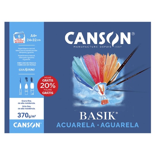 [619906] MINI PACK PAPEL ACUARELA BASIK CANSON DIN A4+ 370 g (PACK 6 HOJAS)