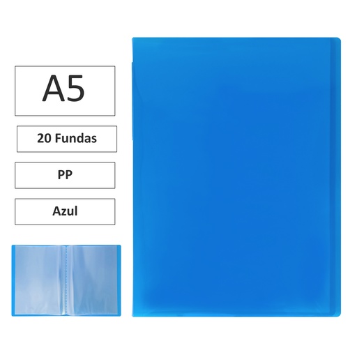 [180858] CARPETA DE FUNDAS RAYLU PAPER PREMIUM A5 · 20 FUNDAS (AZUL) · TRANSLÚCIDA · FUNDAS CRISTAL SOLDADAS · PP 100% BIODEGRADABLE