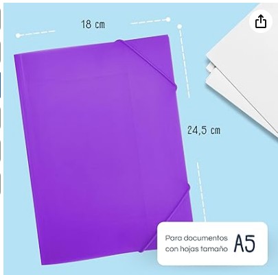 [180542] CARPETA RAYLU PAPER A5 CON GOMAS Y SOLAPAS VIOLETA · PP 100% RECICLABLE · LOMO 4 CM APROX. · CAPACIDAD 50 HOJAS