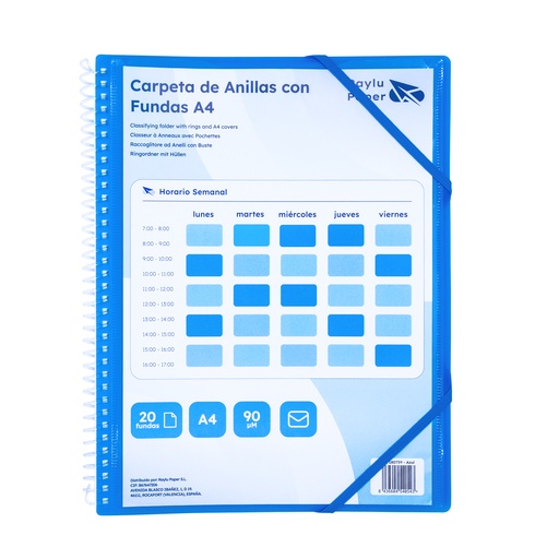 [180759] CARPETA RAYLU PAPER ESPIRAL 20 FUNDAS A4 (AZUL) · FUNDAS CRISTAL 90 µm · ANILLAS/ESPIRAL IRROMPIBLES · CIERRE ELÁSTICO · GIRO 360º