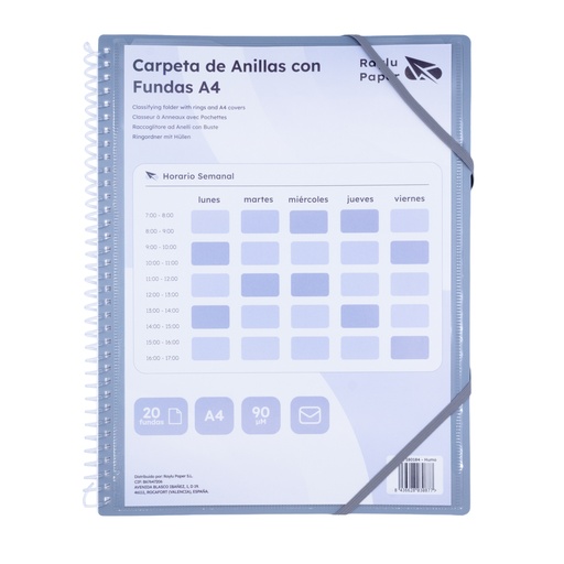 [180184] CARPETA RAYLU PAPER ESPIRAL 20 FUNDAS A4 (HUMO) · FUNDAS CRISTAL 90 µm · ANILLAS/ESPIRAL IRROMPIBLES · CIERRE ELÁSTICO · GIRO 360º