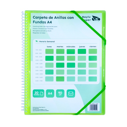 [181033] CARPETA RAYLU PAPER ESPIRAL 20 FUNDAS A4 (VERDE) · FUNDAS CRISTAL 90 µm · ANILLAS/ESPIRAL IRROMPIBLES · CIERRE ELÁSTICO · GIRO 360º