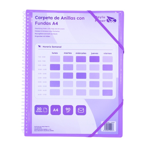 [181034] CARPETA RAYLU PAPER ESPIRAL 20 FUNDAS A4 (VIOLETA) · FUNDAS CRISTAL 90 µm · ANILLAS/ESPIRAL IRROMPIBLES · CIERRE ELÁSTICO · GIRO 360º