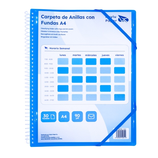 [180760] CARPETA RAYLU PAPER ESPIRAL 30 FUNDAS A4 (AZUL) · FUNDAS CRISTAL 90 µm · ANILLAS/ESPIRAL IRROMPIBLES · CIERRE ELÁSTICO · GIRO 360º