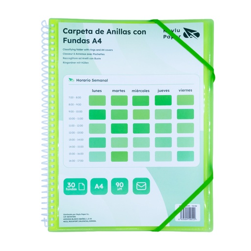 [181035] CARPETA RAYLU PAPER ESPIRAL 30 FUNDAS A4 (VERDE) · FUNDAS CRISTAL 90 µm · ANILLAS/ESPIRAL IRROMPIBLES · CIERRE ELÁSTICO · GIRO 360º