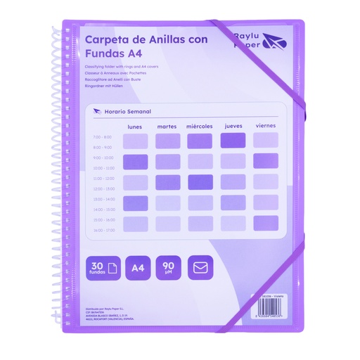 [181036] CARPETA RAYLU PAPER ESPIRAL 30 FUNDAS A4 (VIOLETA) · FUNDAS CRISTAL 90 µm · ANILLAS/ESPIRAL IRROMPIBLES · CIERRE ELÁSTICO · GIRO 360º
