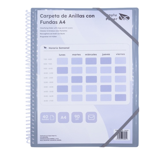 [180203] CARPETA RAYLU PAPER ESPIRAL 40 FUNDAS A4 (HUMO) · FUNDAS CRISTAL 90 µm · ANILLAS/ESPIRAL IRROMPIBLES · CIERRE ELÁSTICO · GIRO 360º