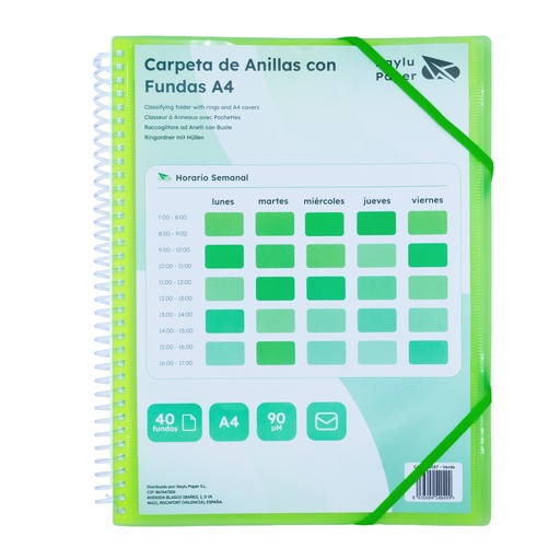 [181037] CARPETA RAYLU PAPER ESPIRAL 40 FUNDAS A4 (VERDE) · FUNDAS CRISTAL 90 µm · ANILLAS/ESPIRAL IRROMPIBLES · CIERRE ELÁSTICO · GIRO 360º
