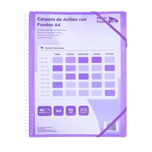 [181038] CARPETA RAYLU PAPER ESPIRAL 40 FUNDAS A4 (VIOLETA) · FUNDAS CRISTAL 90 µm · ANILLAS/ESPIRAL IRROMPIBLES · CIERRE ELÁSTICO · GIRO 360º