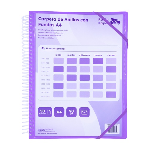 [181075] CARPETA RAYLU PAPER ESPIRAL 50 FUNDAS A4 (VIOLETA) · FUNDAS CRISTAL 90 µm · ANILLAS/ESPIRAL IRROMPIBLES · CIERRE ELÁSTICO · GIRO 360º