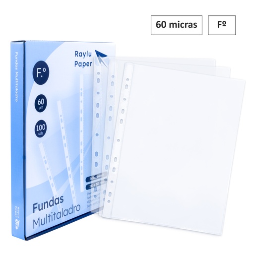 [180274] FUNDAS MULTITALADRO FOLIO 60 MICRAS (100 UNIDADES, TRANSPARENTE CRISTAL) RAYLU